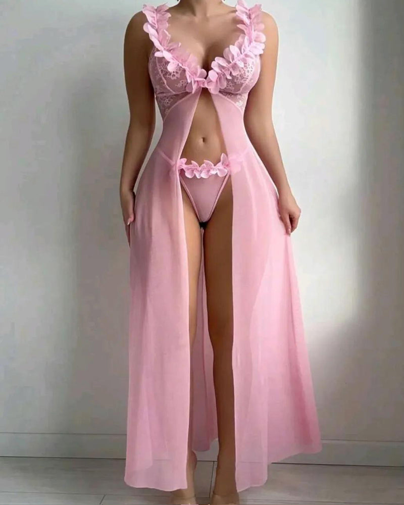 Low-Cut Floral See-Through Mesh Suspender Maxi Dress Set