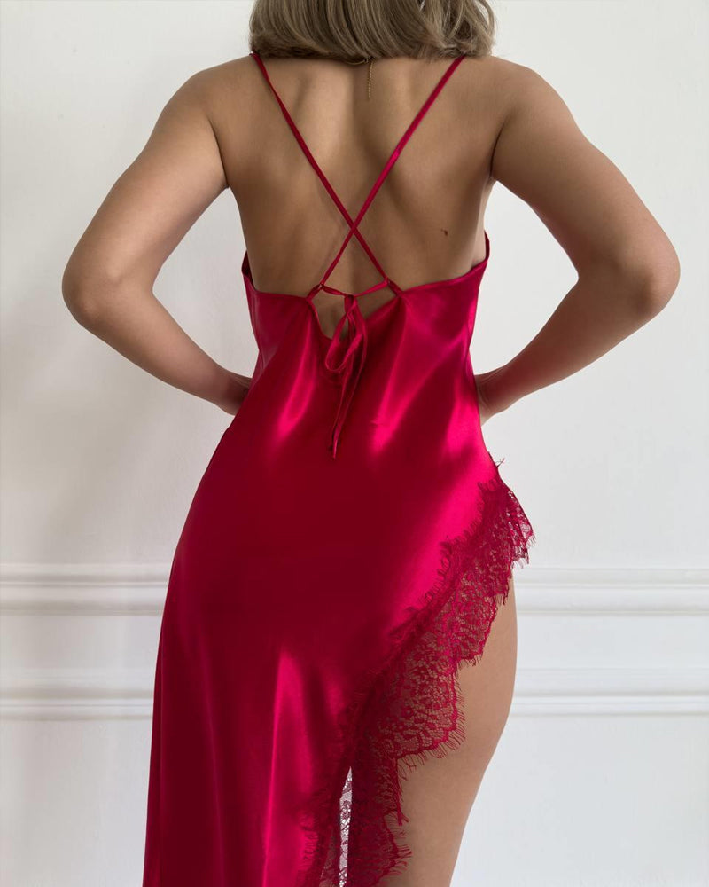 Silk Lace Long Slip High Side Slit Nightgown