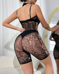 Halter-neck Backless Rhinestone-embellished Mesh Bodysuit Shorts