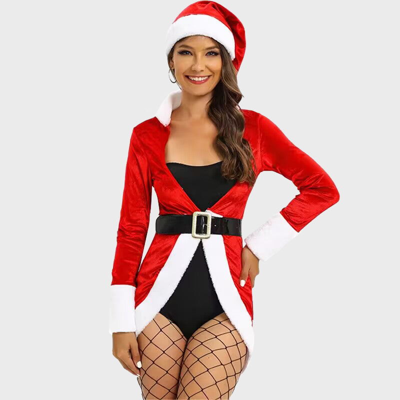 Santa Costume Women's Christmas Outfit Red Velvet Xmas Coat with Bodysuit and Hat
