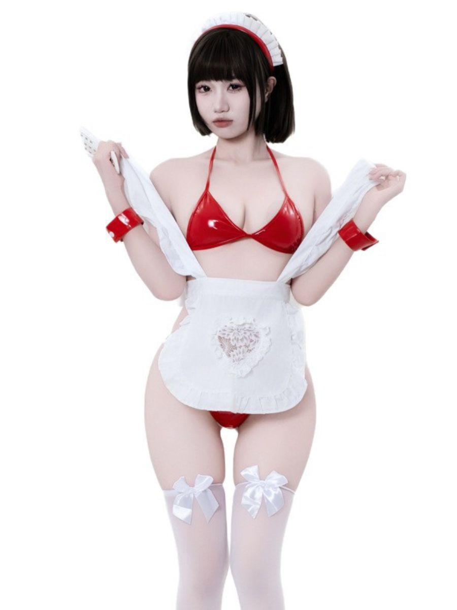 Red PU Leather Micro Bikini Maid Costume