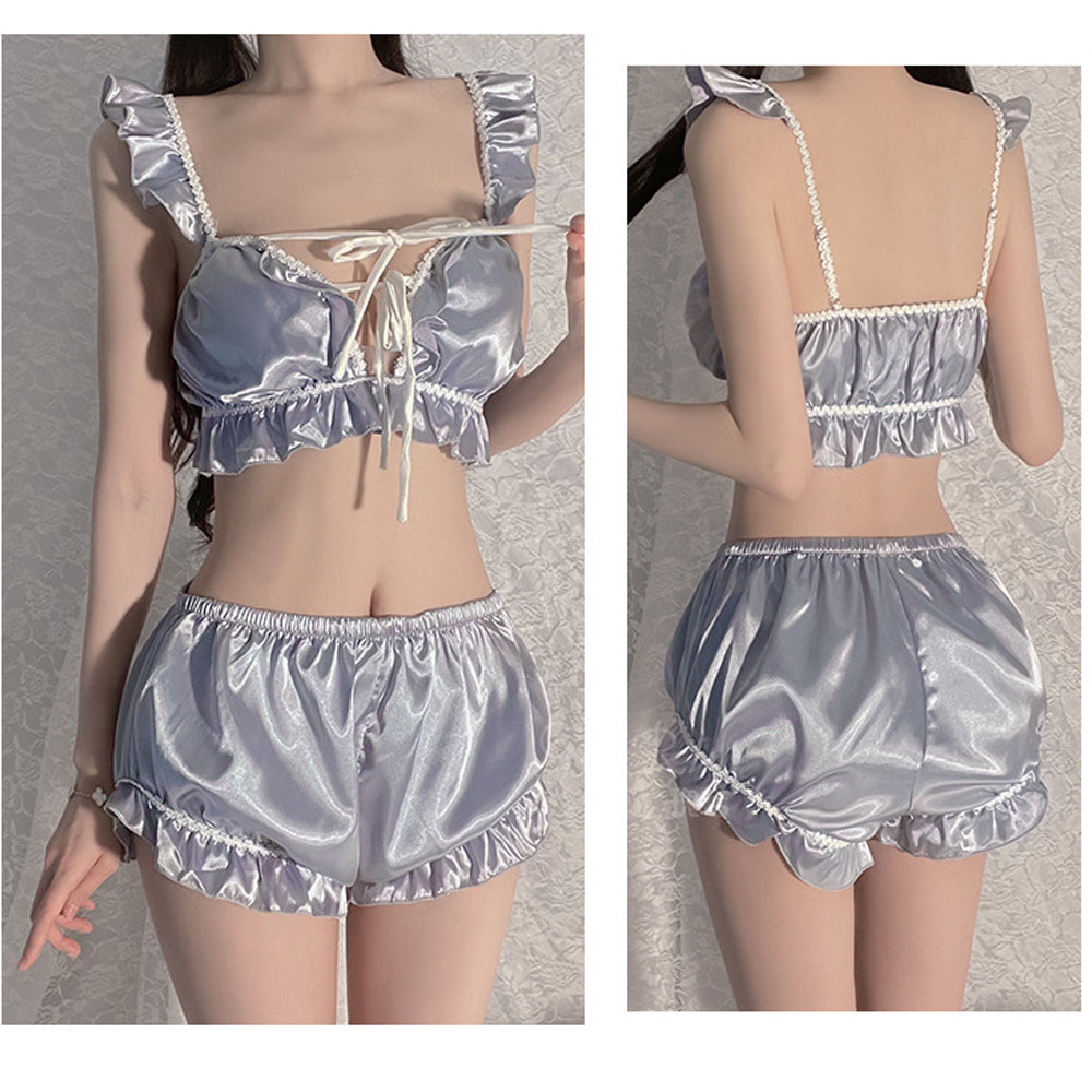 Relax Satin Pajama Set Ruffled Lace-Up Crop Top and Pumpkin Shorts