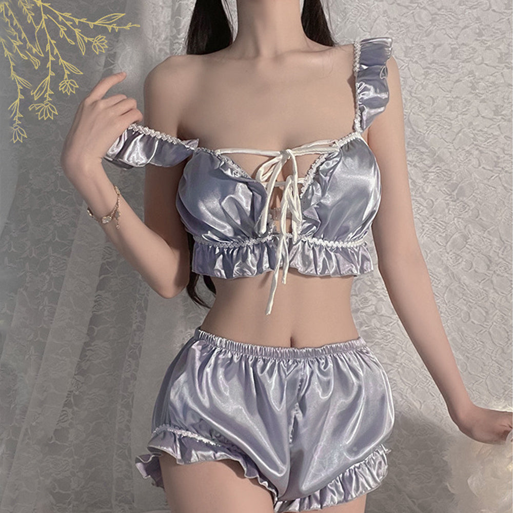 Relax Satin Pajama Set Ruffled Lace-Up Crop Top and Pumpkin Shorts