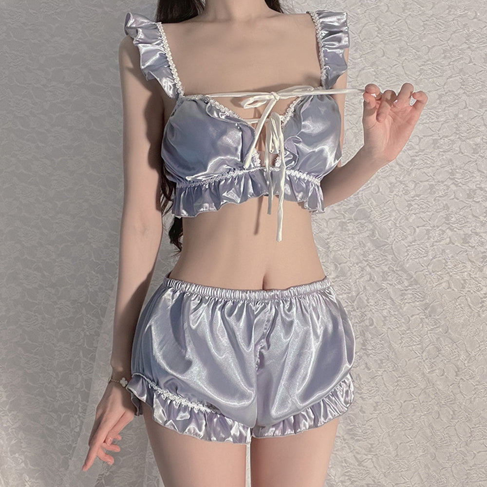 Relax Satin Pajama Set Ruffled Lace-Up Crop Top and Pumpkin Shorts
