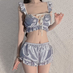 Relax Satin Pajama Set Ruffled Lace-Up Crop Top and Pumpkin Shorts