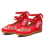 Flache Schuhe mit Retro-Blumenstickerei und Schnürung