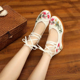 Retro Floral Embroidery Lace Up Flats Shoes