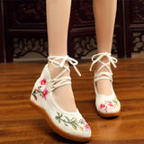 Retro Floral Embroidery Lace Up Flats Shoes