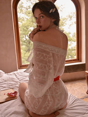 Rose Appliqué Sheer Lace Kimono Robe