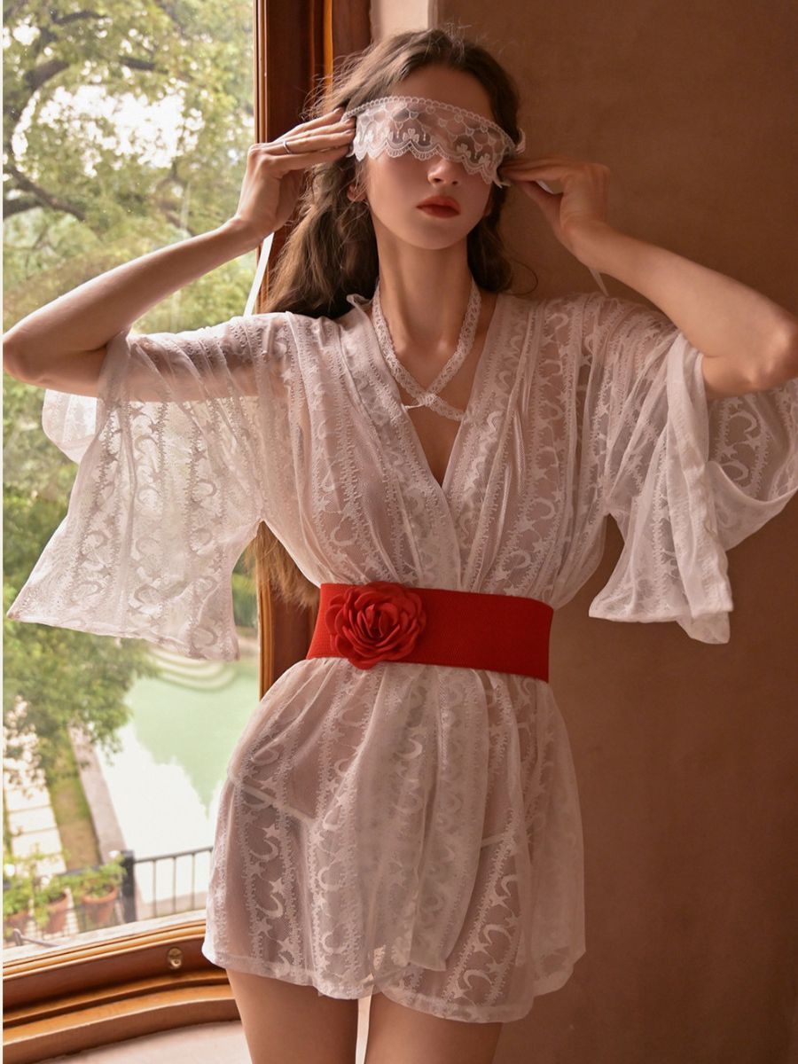 Rose Appliqué Sheer Lace Kimono Robe