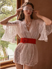 Rose Appliqué Sheer Lace Kimono Robe