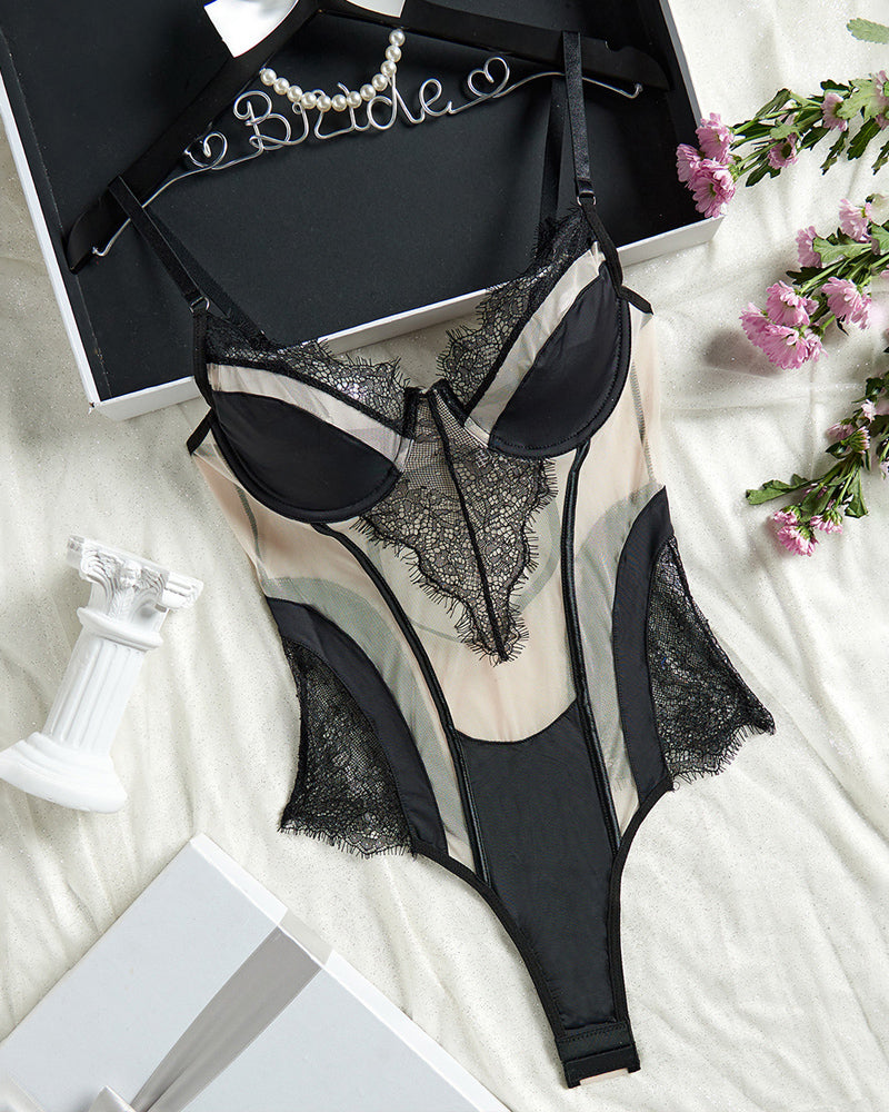 Mesh See-Through Lace Patchwork Colorblock Bodysuit