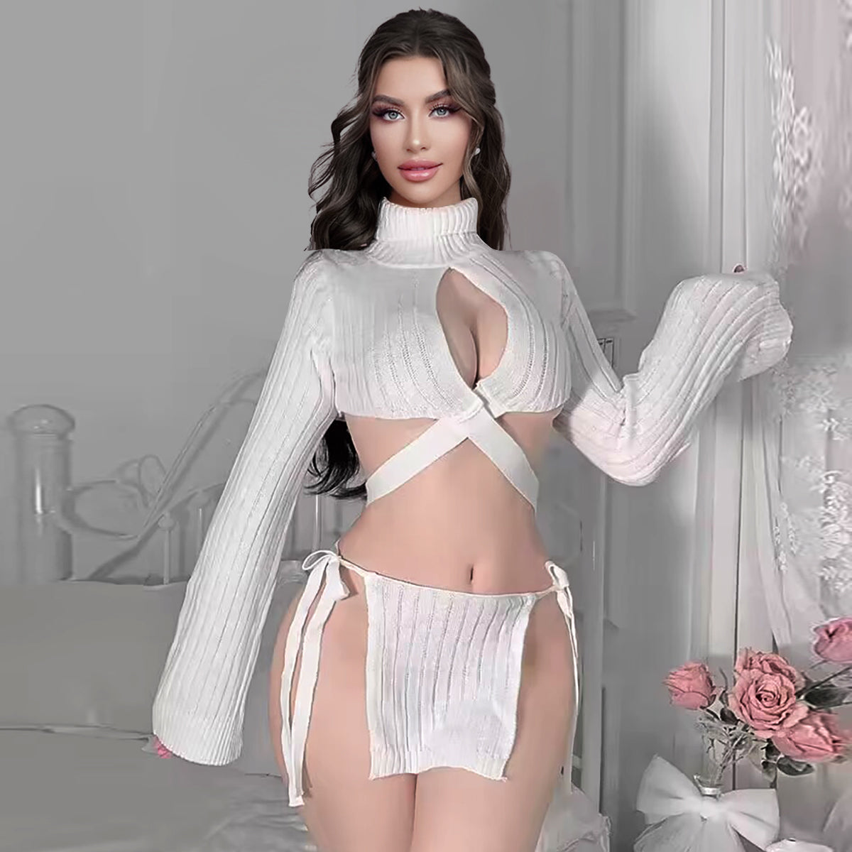 Fox Cosplay Outfit Anime Animal Costume Two Piece White Rib Knit Lingerie Set