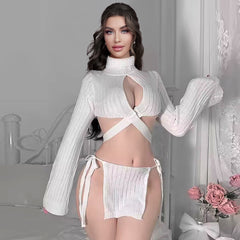 Fox Cosplay Outfit Anime Animal Costume Two Piece White Rib Knit Lingerie Set