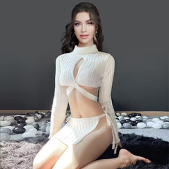 Fox Cosplay Outfit Anime Animal Costume Two Piece White Rib Knit Lingerie Set