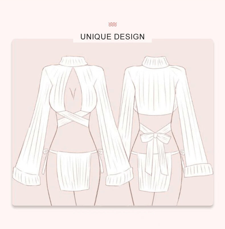 Fox Cosplay Outfit Anime Animal Costume Two Piece White Rib Knit Lingerie Set