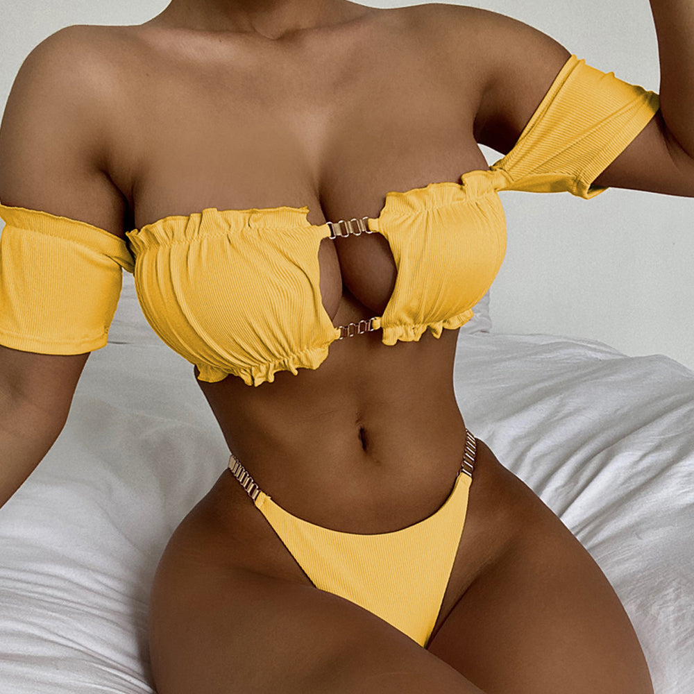 Bandeau Bikini Swimsuit Solid Chain Cut-Out Two Piece Swimsuit