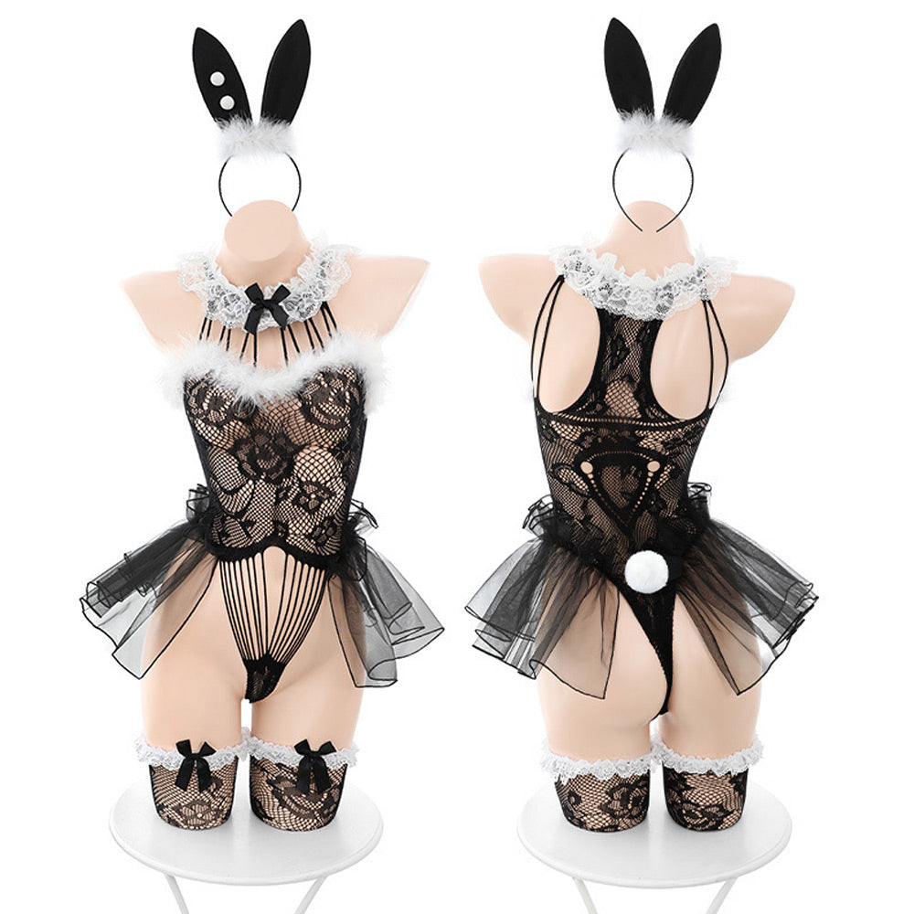 Bunny Cosplay Lingerie Sheer Lace Rabbit Bodysuit Hollow Bunny Girl Teddy Outfit