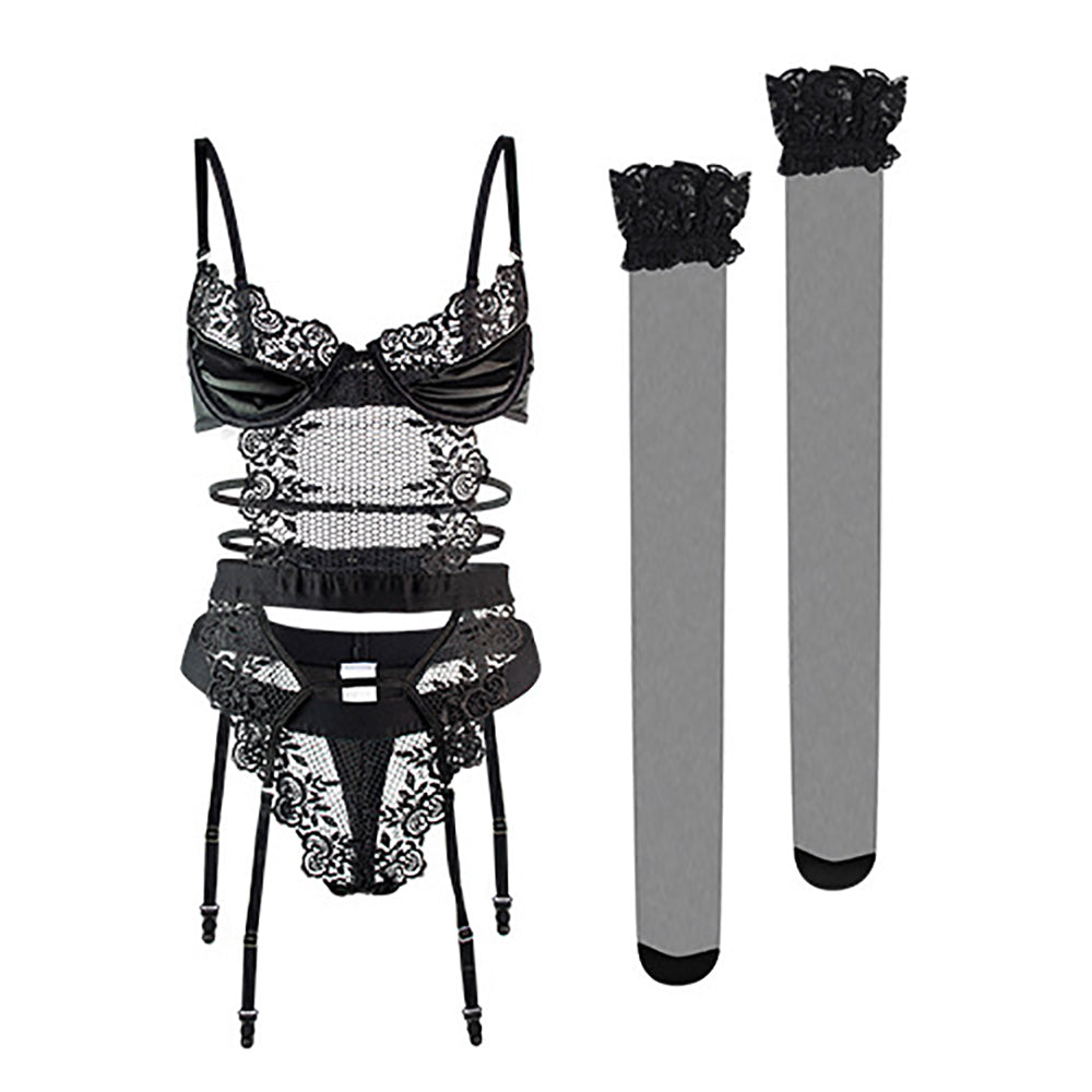 Caged Bra and Garter Set Fishnet & Lace 3-piece Longline Lingerie