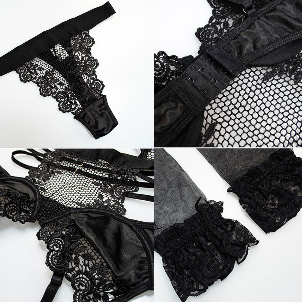 Caged Bra and Garter Set Fishnet & Lace 3-piece Longline Lingerie
