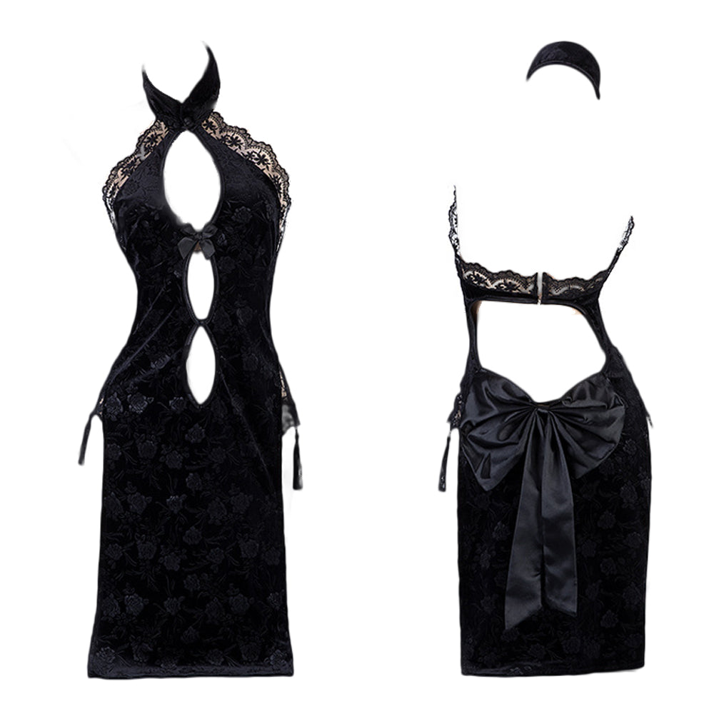 Cheongsam Dress for Women Cut Out Chinese Cosplay Lingerie High Slit Qipao Nightgowns