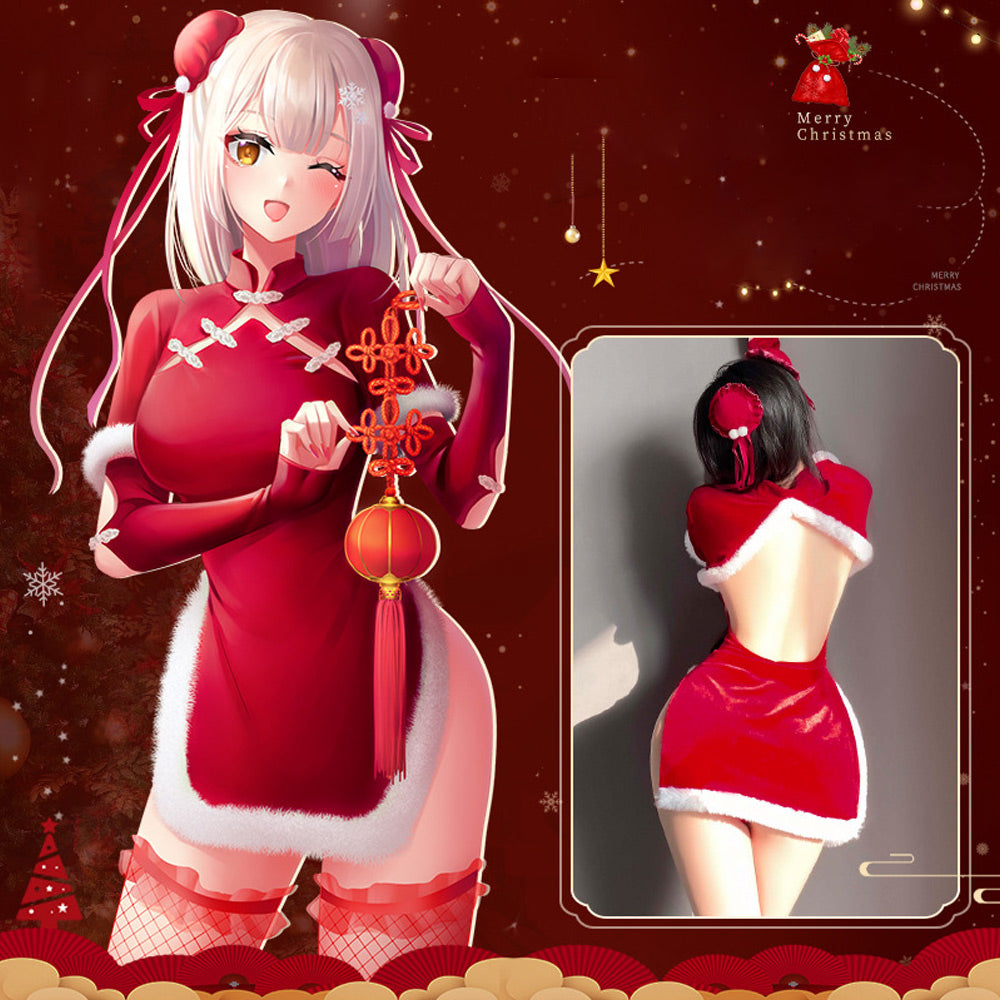 Cheongsam Dress Red Velvet Cheongsam Lingerie Dress Chinese Split Dress