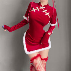 Cheongsam Dress Red Velvet Cheongsam Lingerie Dress Chinese Split Dress