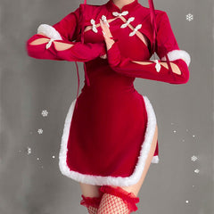 Cheongsam Dress Red Velvet Cheongsam Lingerie Dress Chinese Split Dress