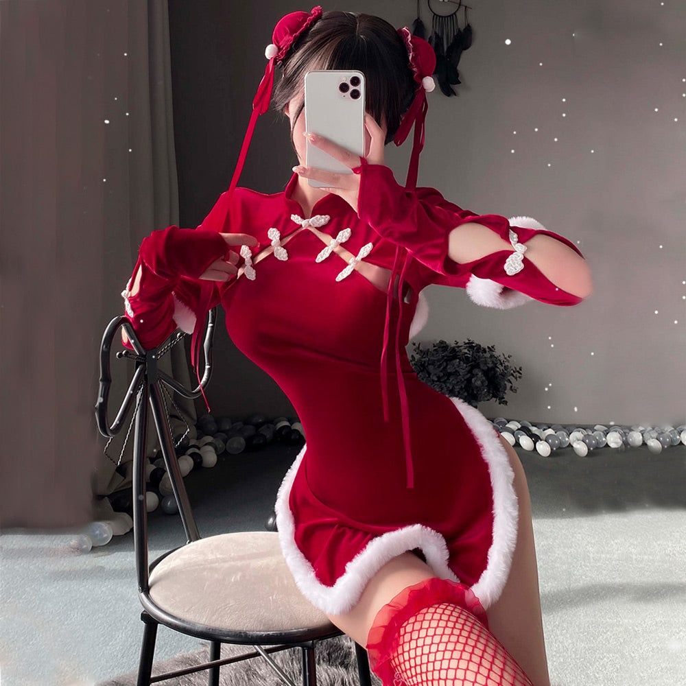 Cheongsam Dress Red Velvet Cheongsam Lingerie Dress Chinese Split Dress
