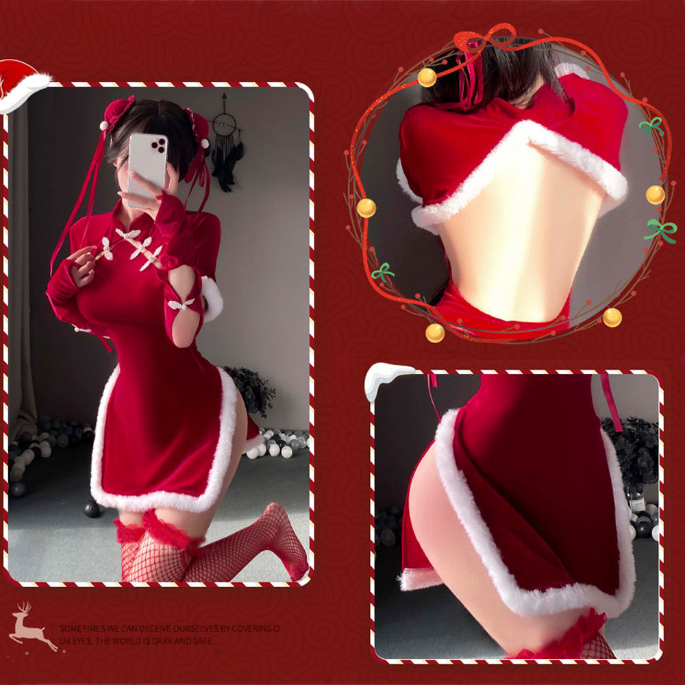 Cheongsam Dress Red Velvet Cheongsam Lingerie Dress Chinese Split Dress