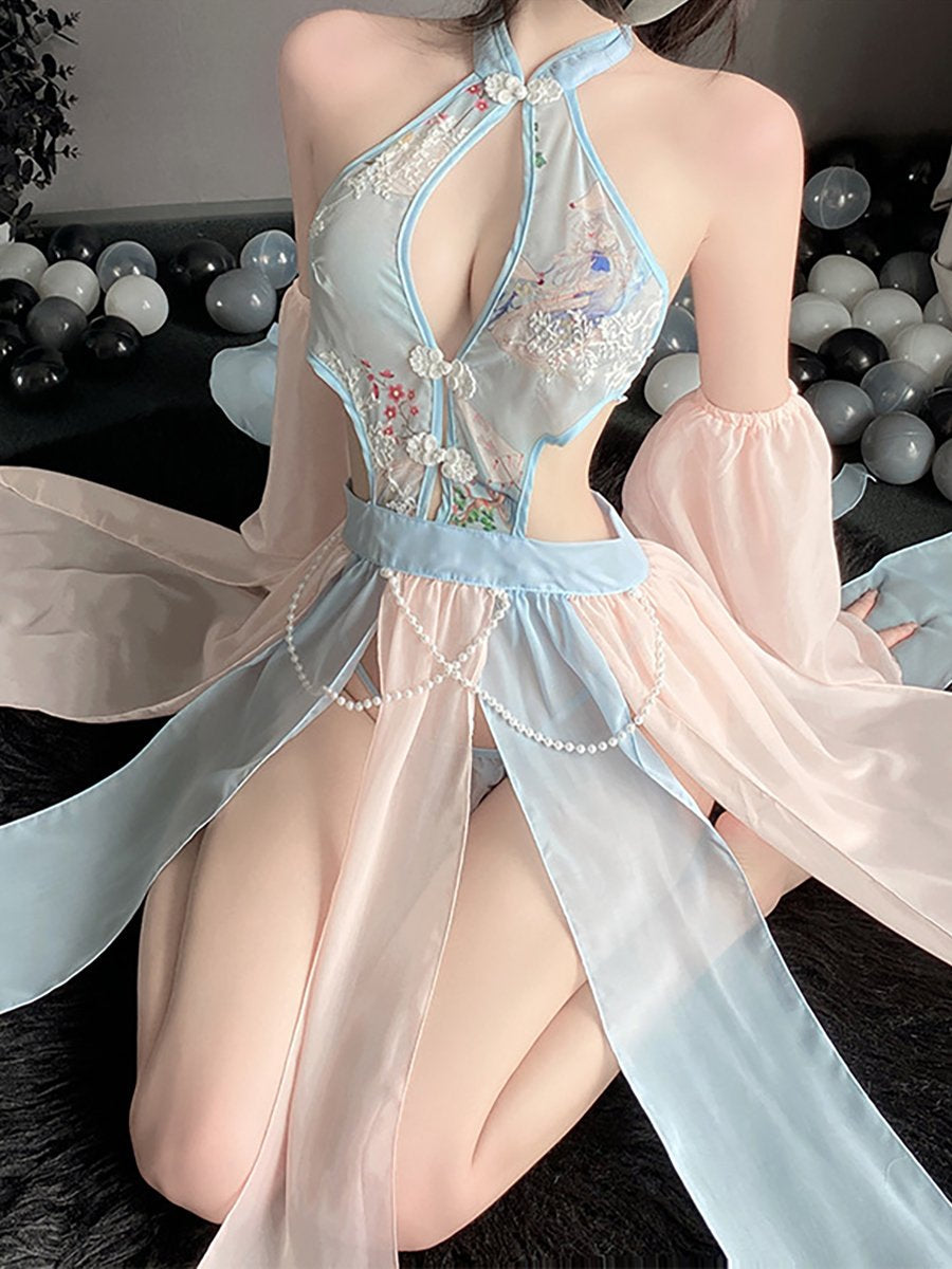 Chinese Style Floral Mesh Dress