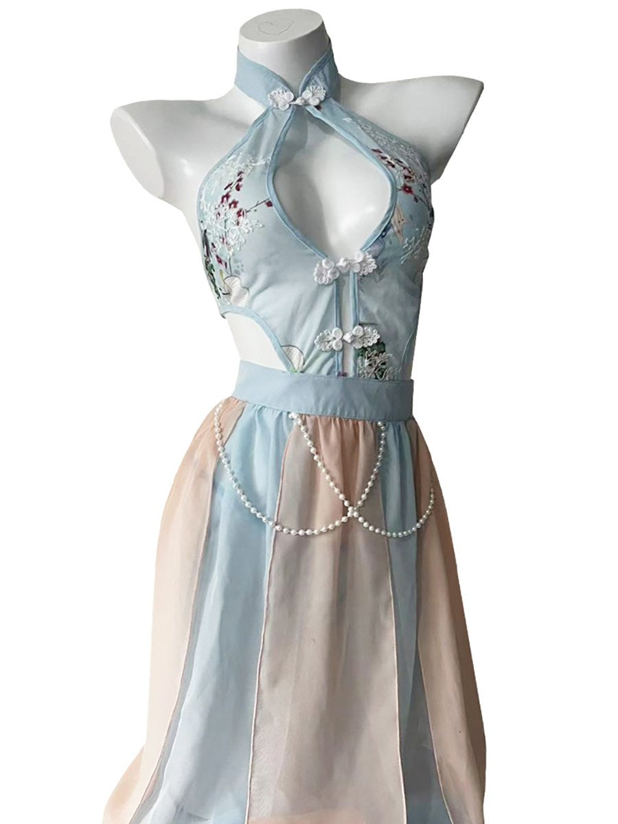 Chinese Style Floral Mesh Dress