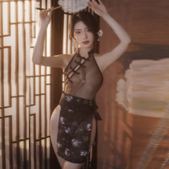 Chinese Style Lingerie Set Fishnet Open Crotch Teddy Bodysuit with Skirt