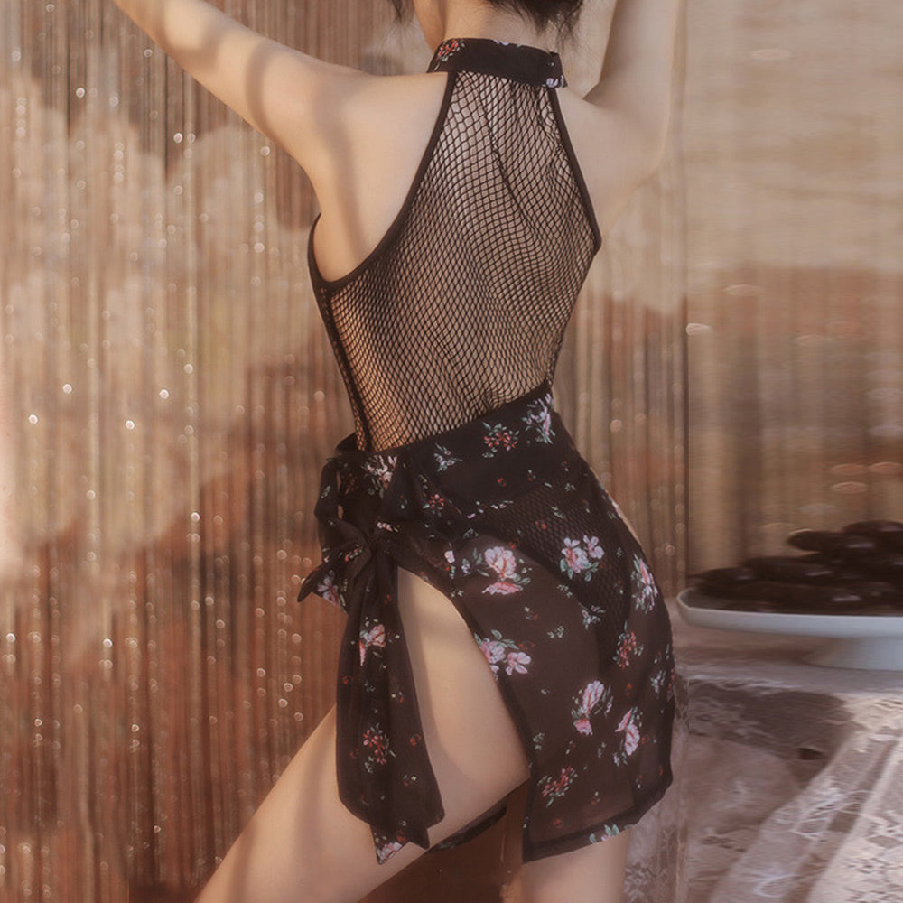 Chinese Style Lingerie Set Fishnet Open Crotch Teddy Bodysuit with Skirt
