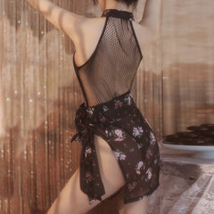 Chinese Style Lingerie Set Fishnet Open Crotch Teddy Bodysuit with Skirt