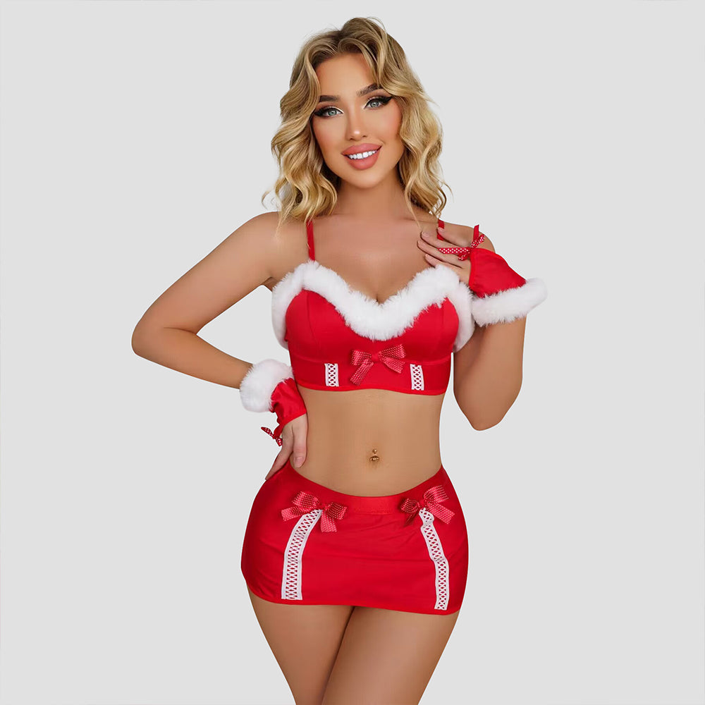 Christmas Lingerie for Women Mrs Santa Claus Costume Fluffy Trim Bra and Mini Skirt Set Party Uniform