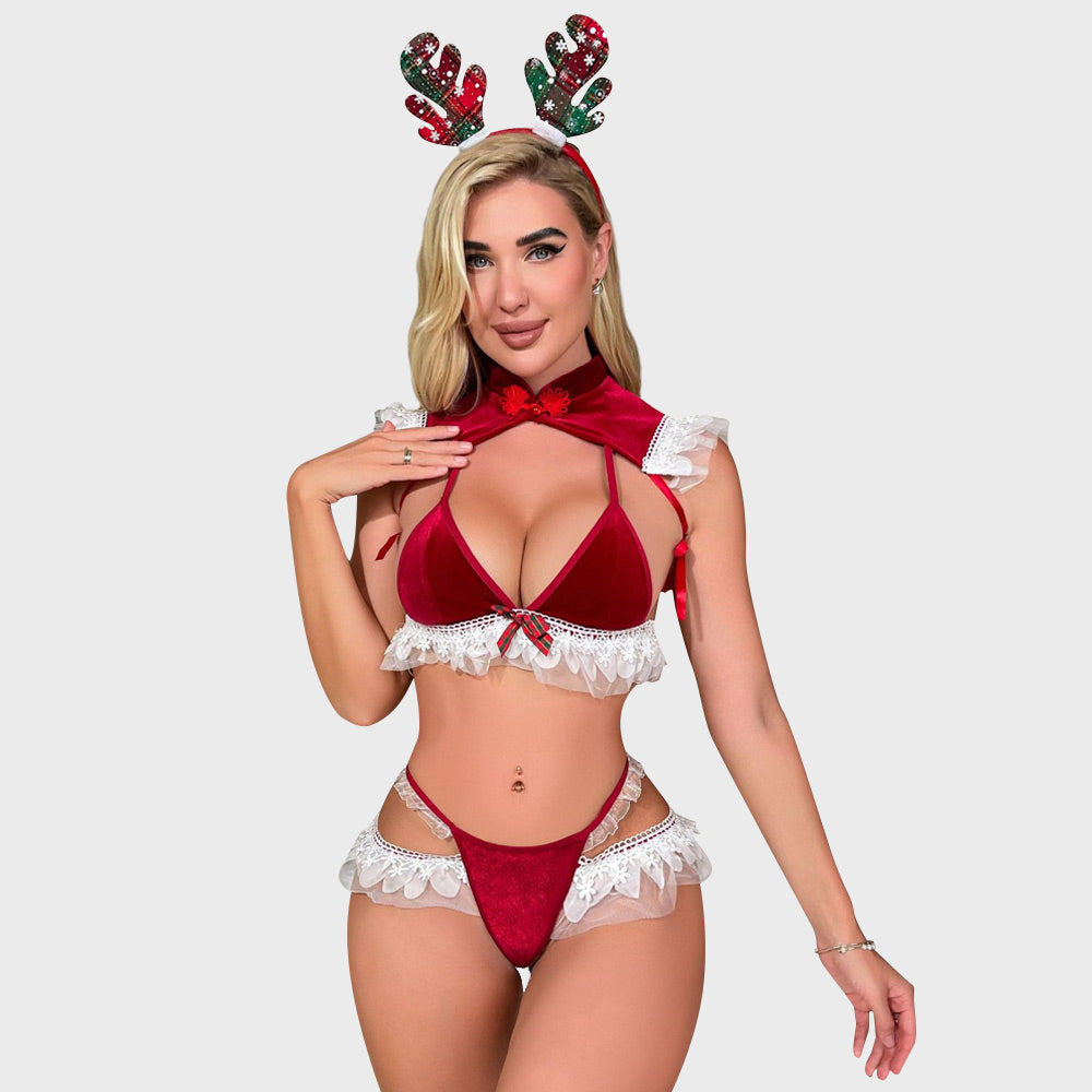 Christmas Lingerie Set Mrs Santa Claus Cosplay Outfit 3 Piece Red Velvet Bra Set