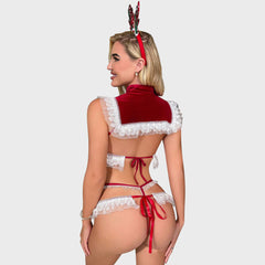 Christmas Lingerie Set Mrs Santa Claus Cosplay Outfit 3 Piece Red Velvet Bra Set