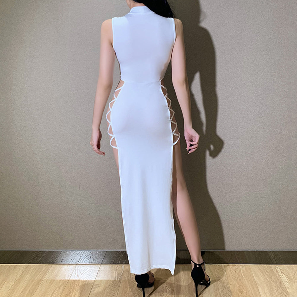 Crisscross Lace-up Cut Out Dresses for Women Mock Neck High Slit Bodycon Maxi Dress