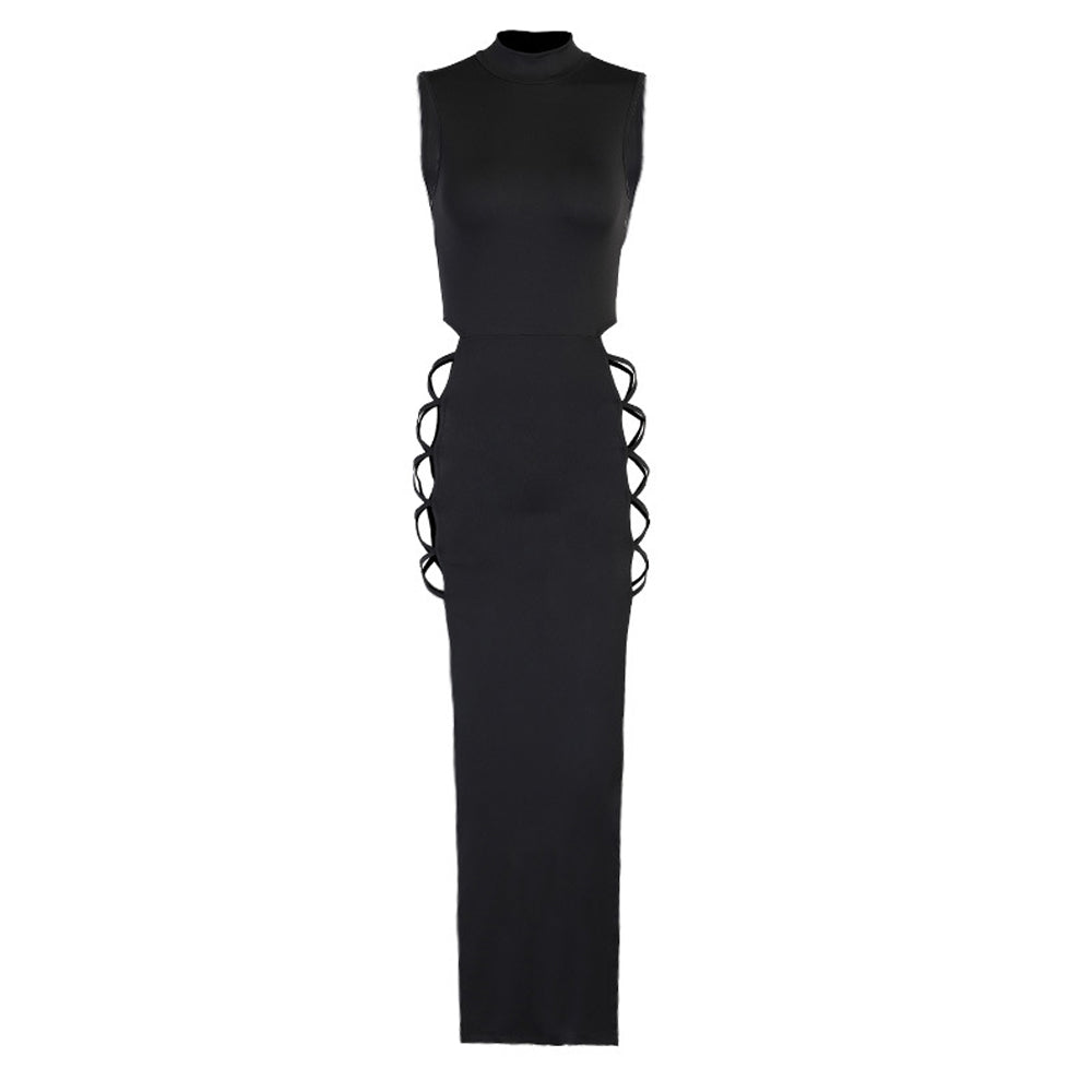 Crisscross Lace-up Cut Out Dresses for Women Mock Neck High Slit Bodycon Maxi Dress