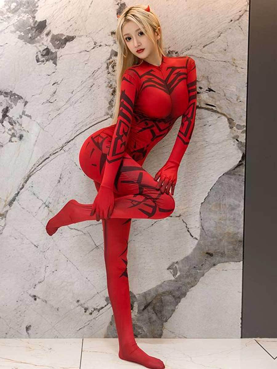 Red Spider Web Print Crotchless Jumpsuit