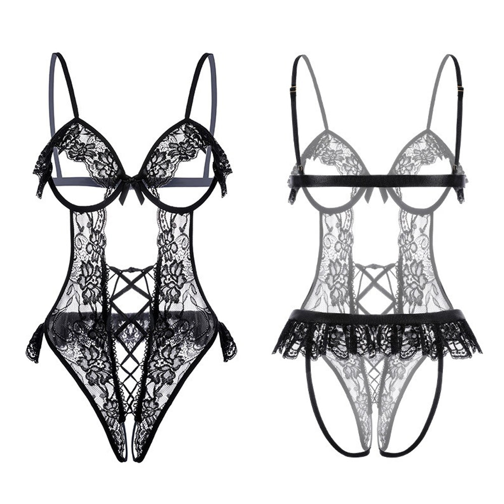 Crotchless Teddy Open Cup Underwire Lace Bodysuit Backless One Piece Lingerie