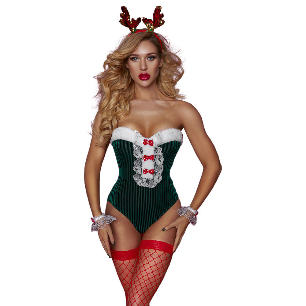 Elf Bodysuit Mrs Claus Naughty Costume Velvet Off Shoulder Green Christmas One Piece Outfit