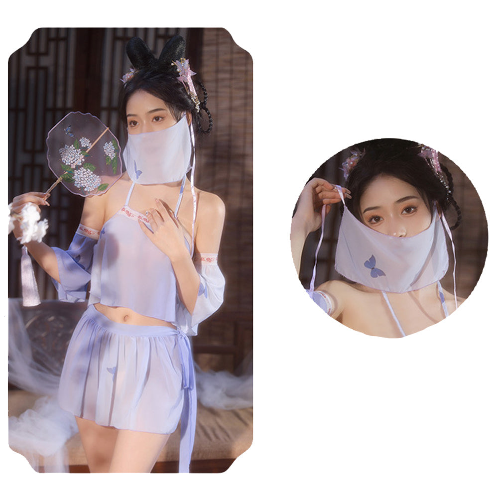 Chinese Elf Costume Purple Vintage Chiffon Halter Crop Top Slit Skirt and Panty