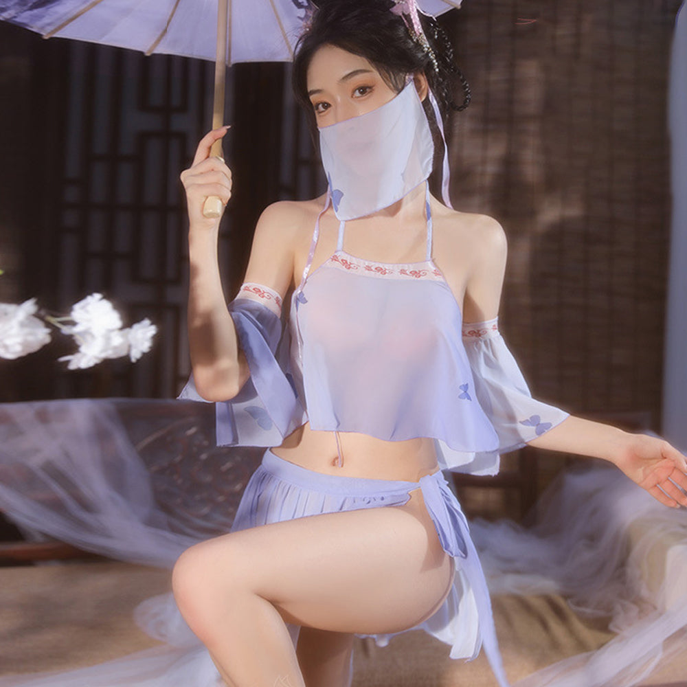 Chinese Elf Costume Purple Vintage Chiffon Halter Crop Top Slit Skirt and Panty
