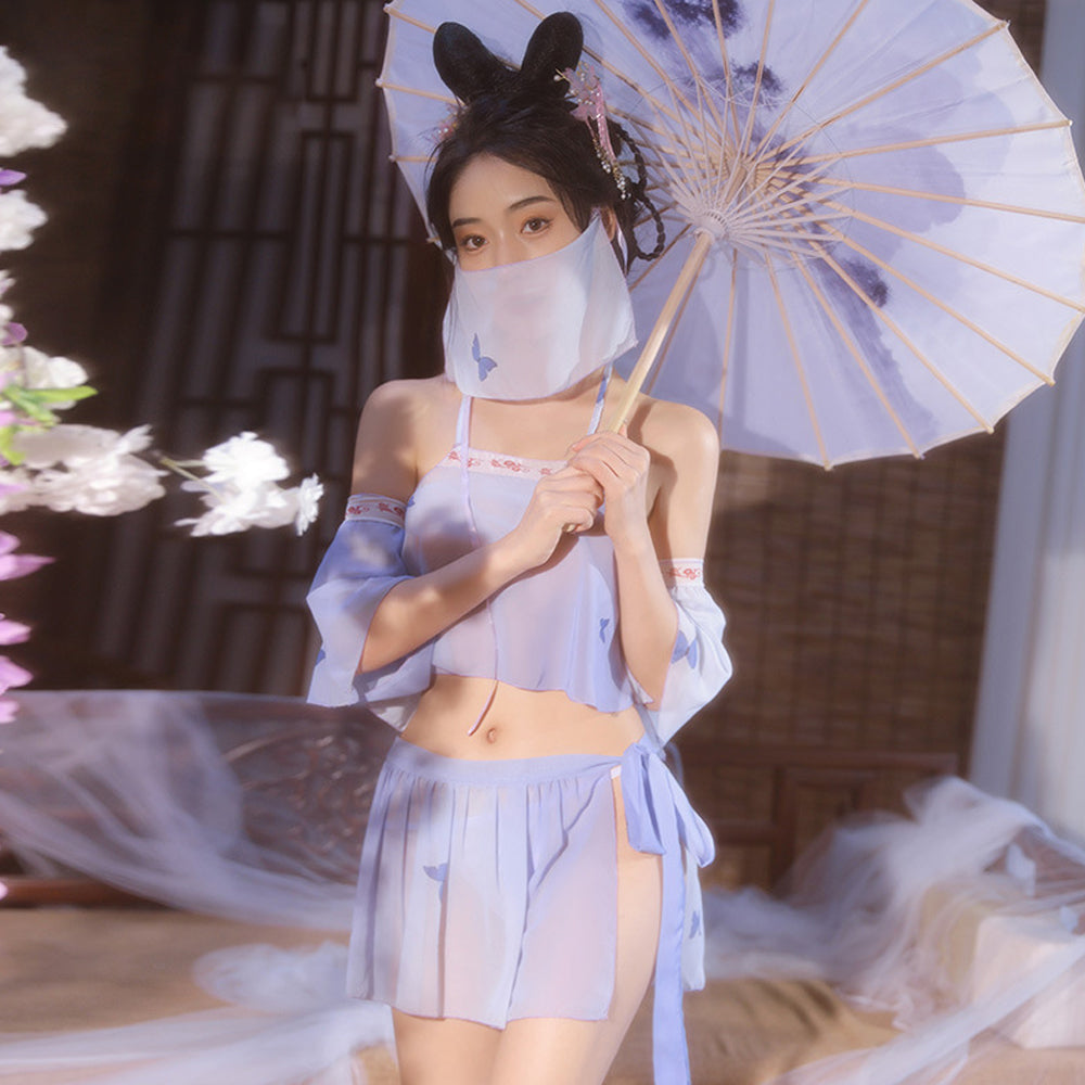 Chinese Elf Costume Purple Vintage Chiffon Halter Crop Top Slit Skirt and Panty