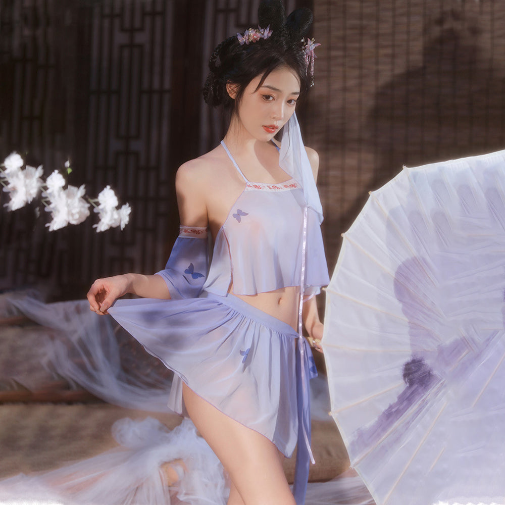 Chinese Elf Costume Purple Vintage Chiffon Halter Crop Top Slit Skirt and Panty