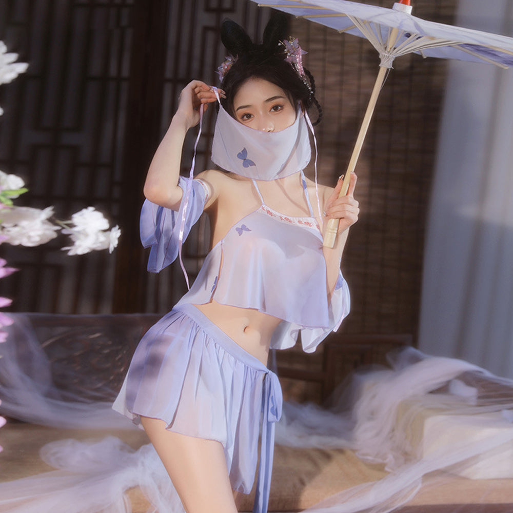Chinese Elf Costume Purple Vintage Chiffon Halter Crop Top Slit Skirt and Panty