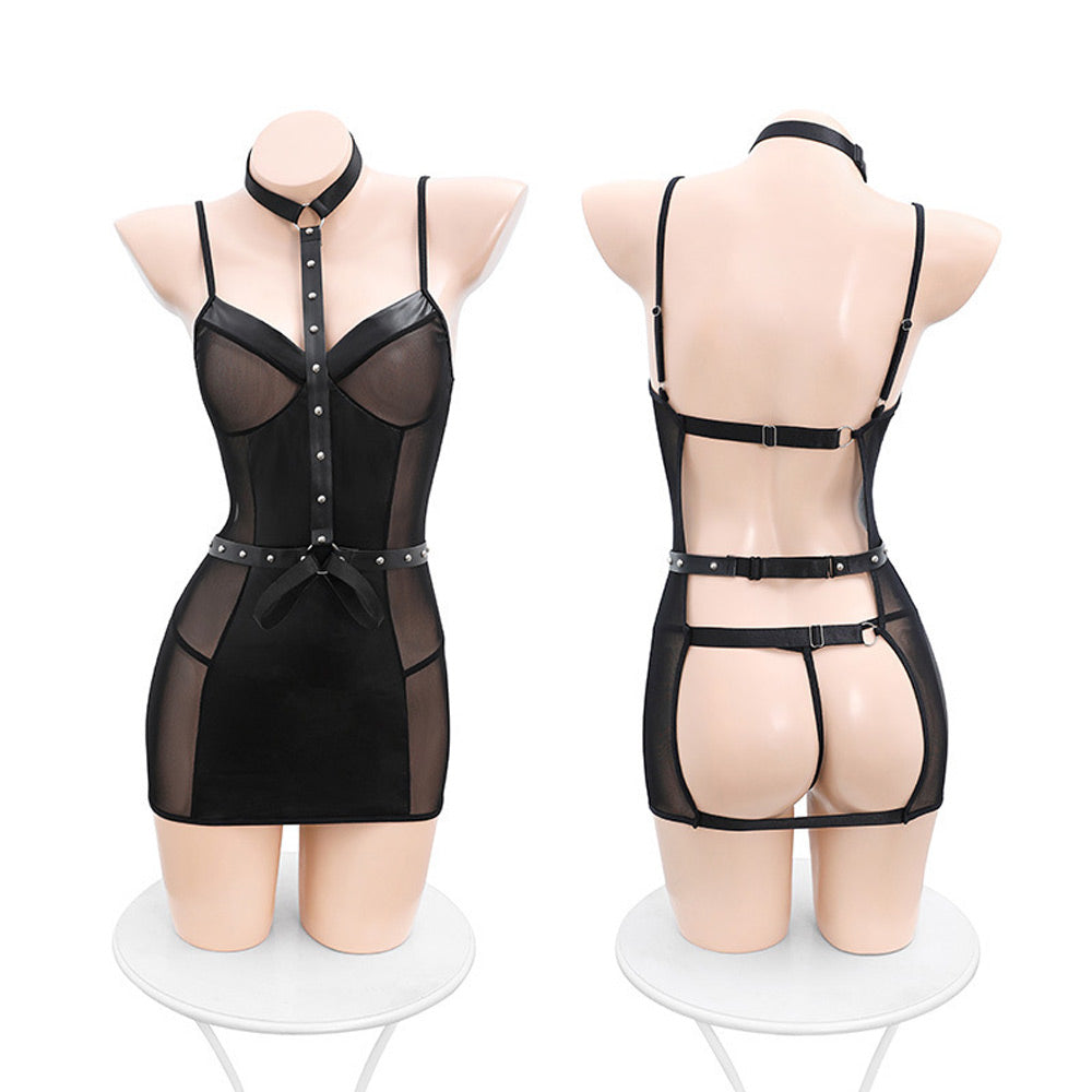 Exotic Lingerie Set Wet Look Bodycon Dress with Harness Sheer Mesh Backless Lingerie Dress