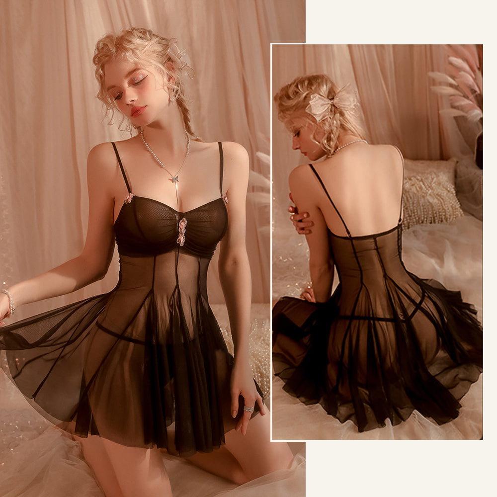 Fairy Babydoll Set Sheer Mesh Ruched Bridal Cami Lingerie Dress